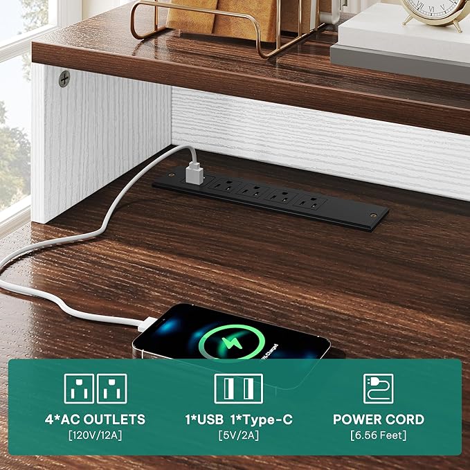 YITAHOME Computer Desk Stool Set with 5 Drawers Office Desk with Power Outlets &amp LED Lights Farmhouse Wood Desk Home Office Desks with Storage Cabinet &amp Monitor Stand for Work Study Antiqu