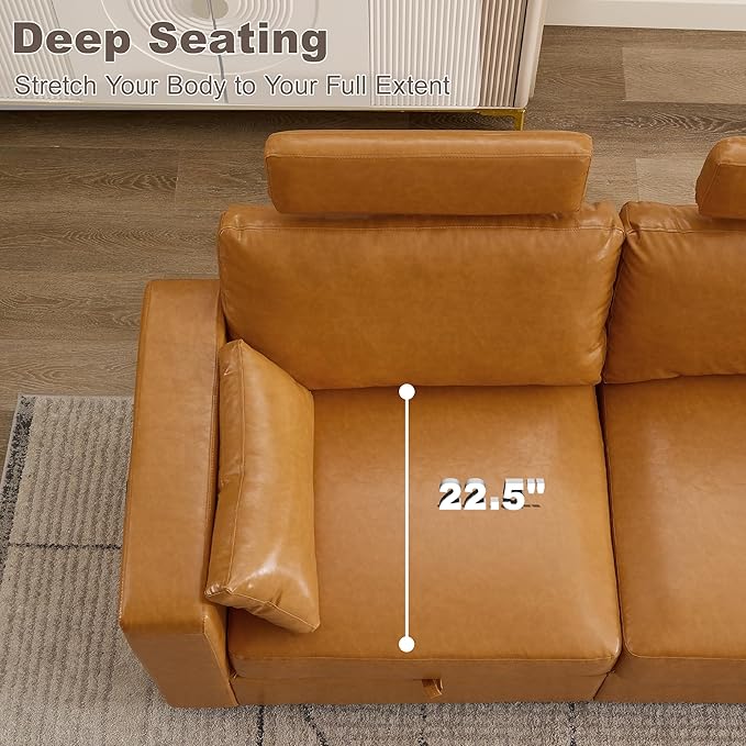 41.1 Accent Sofa Chair with Storage Faux Leather Living Room Chairs with Headrest and Side Pockets Mid Century Modern Arm Chair Upholstered Comfy Single Couch Reading Club Chairs Brown