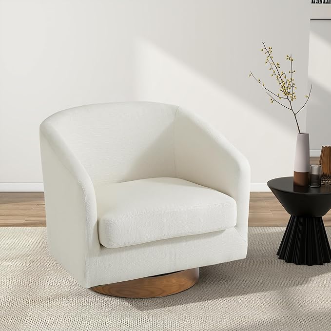 Swivel Barrel Chair Modern Round PU Leather Accent Armchair for Living Room Bedroom Oversized Comfy Club Reading Chairs for Adults (Fabric Beige Set of 1)