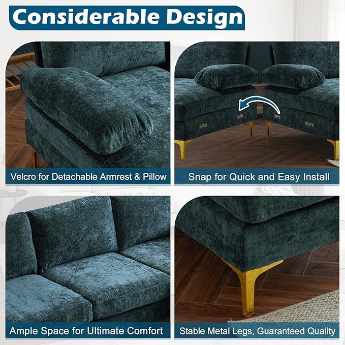 VINGLI 110 Large U-shape Sectional Sofa Couch with 51D Double Chaise for Living Room Modern Sectional Couch Set with Soft 5.9 Thickness Seating Padding Chenille Fabric Metal Gold Legs(Rich Cyan)