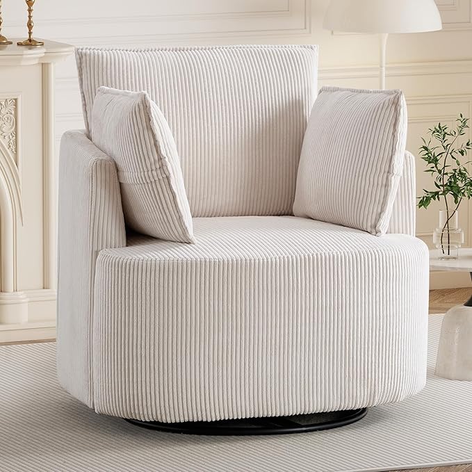 Bonzy Home 360° Swivel Accent Chair Comfy Corduroy Swivel Barrel Chair with 2 Soft Pillows Single Sofa for Living Room Bedroom Beige