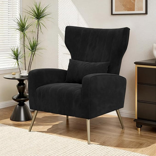 Velvet Accent Chair Wingback for Living Room High Back Arm Chair with Golden Legs Lumbar Pillow Upholstered Single Sofa Bedroom Black