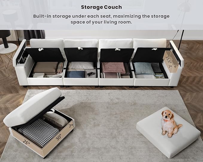 Sectional Couches for Living Room - Modular L Shaped Couch 103 Oversized 3 Seater Sofas with Ottoman - White Modern Chenille Fabric Storage Sofa 4 Pieces Furniture Set