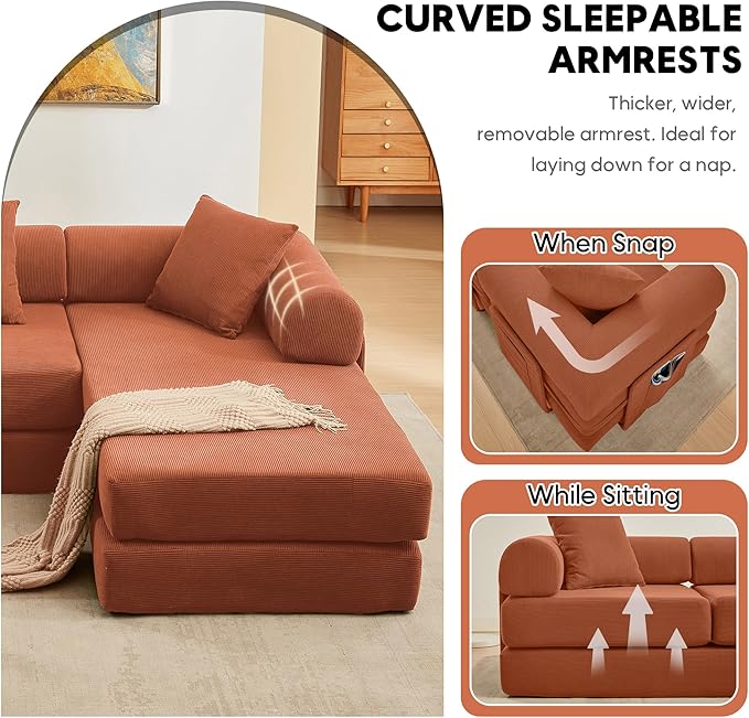 L Shaped Modular Sofa Bed with Cylindrical Pillow &amp Reversible Chaise Corduroy Folding Floor Convertible Sofa Couch Bed with Fixed-Shape Frame &amp Storage Pocket for Living Room Orange