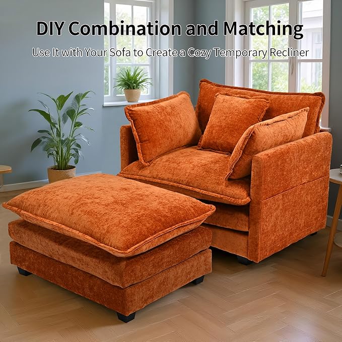 SweetGO corporation 40 Chenille Lounge Chair for Reading Modern Couch Cozy Sofa Bed Upholstered Living Room Single Sofa Accent Chair with Ottoman Orange
