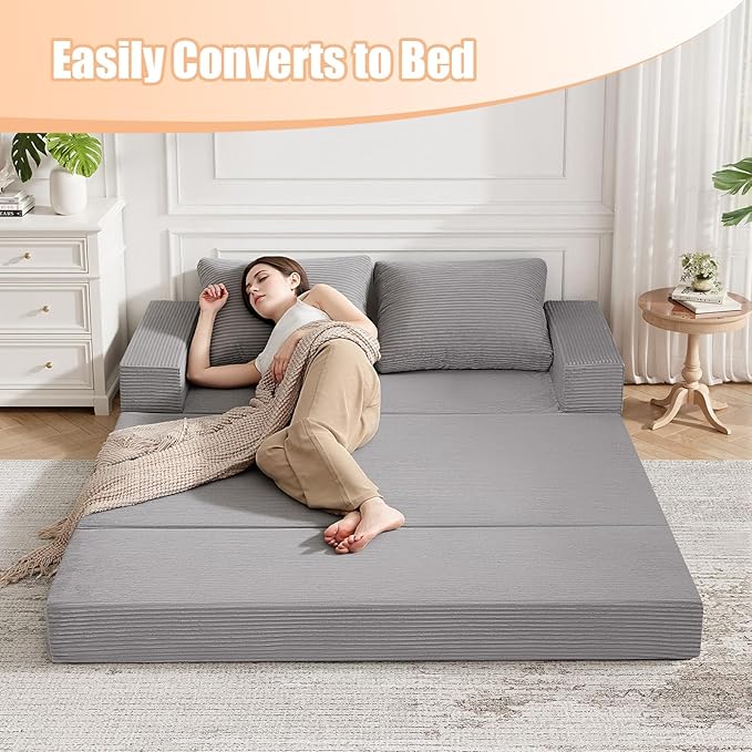COMAX Convertible Sofa Bed Queen Corduroy Folding Floor Couch Pull Out Couch Bed Futon Sleeper with Pillows Fold Out Boneless Sofa Comfy Lounge Mattress Loveseat for Living Room Bedroom Light Grey