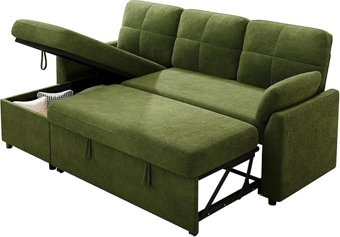 VanAcc Sleeper Sofa Sofa Bed with Storage Chaise Convertible Sofa Bed with Pull Out Couch l Shaped Couch for Living Room Linen Green