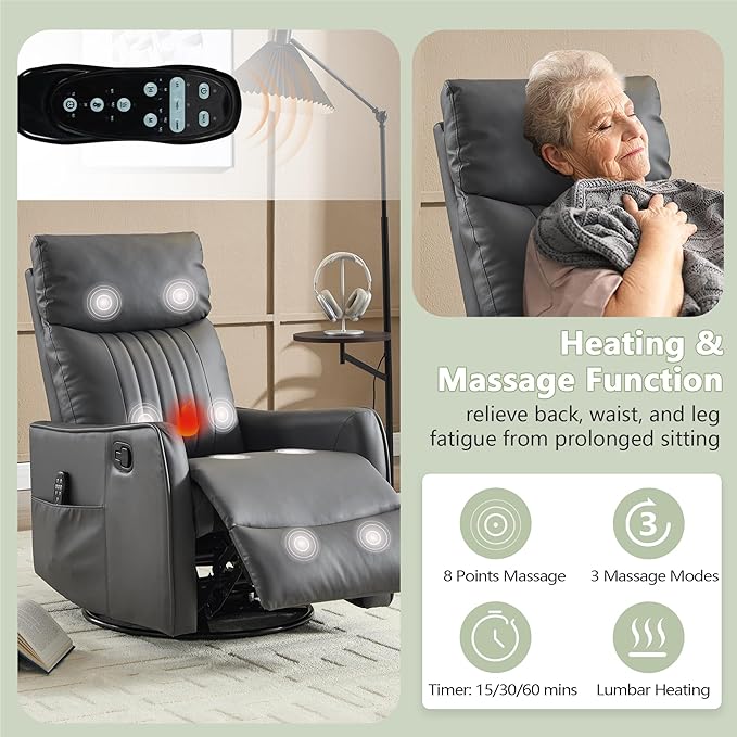 cinkehome Heated Massage Swivel Rocker Recliner Chair for Nursery - Small Space Reclining Chair with Lumbar Support 360° Swivel &amp Gentle Rocking Ergonomic High Back Faux Leather Gray