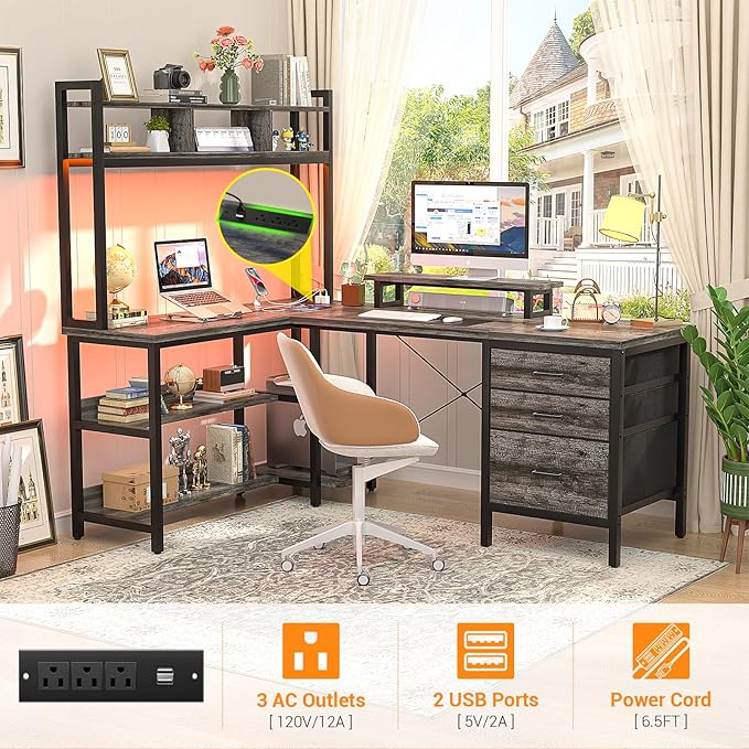 Aheaplus L Shaped Desk with Hutch Gaming Desk with Led Lights Reversible Computer Desk with Power Outlet Corner Desk with File Drawer &amp Monitor Stand Storage Shelves for Home Office Black Oak