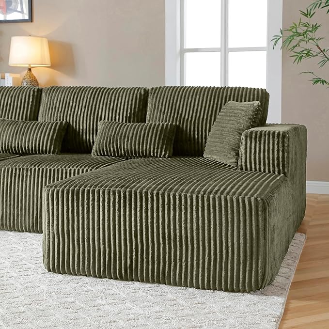 110 Cloud Couch Sectional L Shaped Boneless Couch Sectional Couches for Living Room Modern Comfy Corduroy Fluffy Modular Sofa with Deep Seat No Assembly (Green Right Facing Chaise)