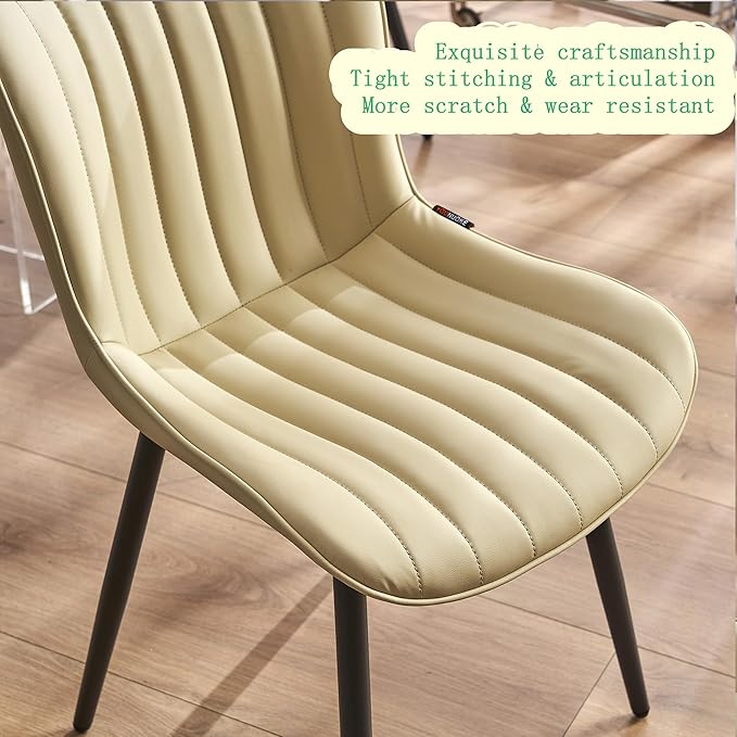 YOUNUOKE Mid-Century Modern Dining Chairs Set of 2 Beige PU Leather Upholstered Kitchen Chairs with Black Metal Legs Armless Accent Chair for Dining Room Guest Reception Room