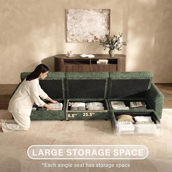 Oversized Modular Sectional Sofa with Adjustable Back Modern Comfy Sectional Couch with Storage Ottoman Deep Seat Chenille Cloud Couch for Living Room Only Single Seat Green