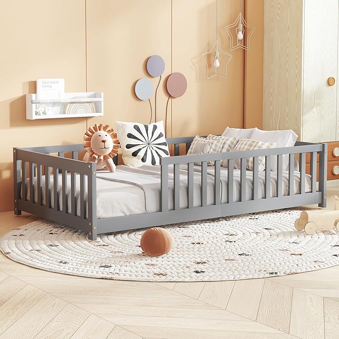 Bellemave Twin Floor Bed with Slats and Guardrails Wood Montessori Floor Beds with Fence Easy Assemble Floor Bed for Kids Girls Boys Gary