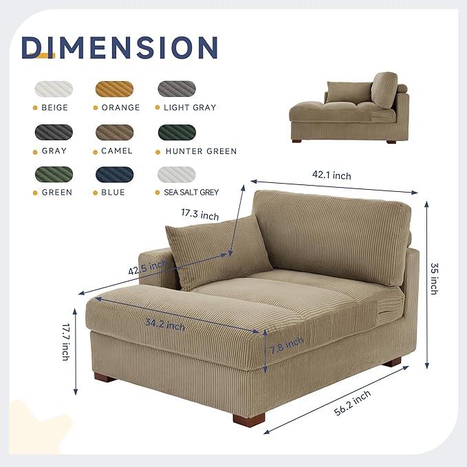 Chaise Lounge Indoor Upholstered Corduroy Sofa Counch with Right Armrest for Living Room Oversized Sleeper Sofa Bed with Pillows for Bedroom Apartment-Camel