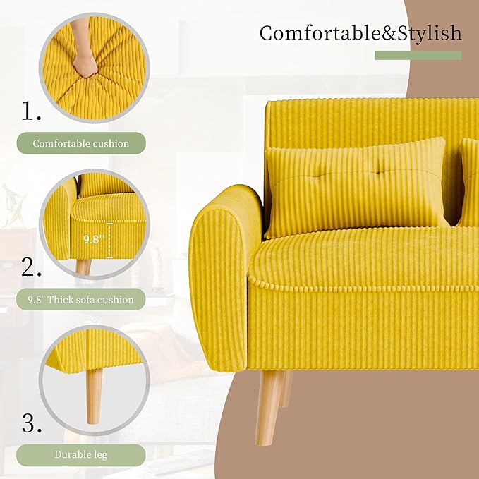 Vongrasig 48 Small Modern Loveseat Sofa Mid Century Soft Corduroy Fabric 2-Seat Sofa Couch Tufted Love Seat with Back Cushions and Tapered Legs for Living Room Bedroom and Small Space (Yellow)