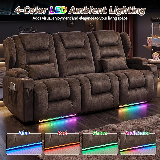 SAMERY Loveseat Recliner Sofa Power Reclining Loveseat Sofa Wall Hugger Recliners RV Couch with Flip-Backrest Solid Wood Top Ambient LED Lights USB-C Outlets Velvet Chestnut | Extra Wide Seat