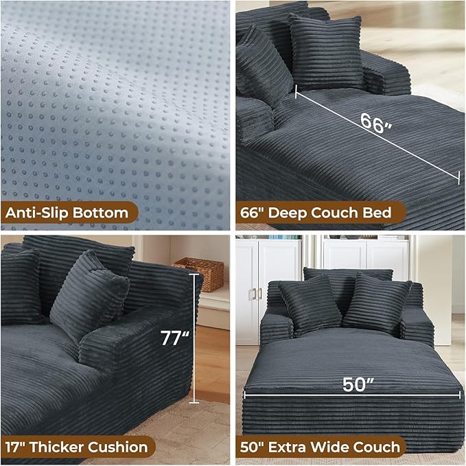 Avenix 79” Oversized Chaise Lounge Chairs Indoor Corduroy Boneless Chaise Lounges Chairs Indoor Deep Seat Big Comfy Reading Chair Cloud Sleeper Chair Sofa Couch Bed for Living Room Grey