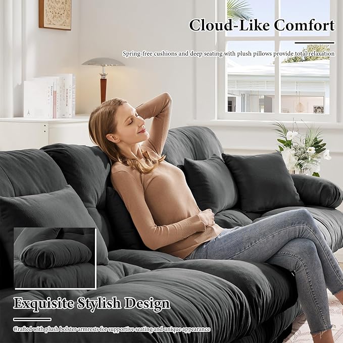 94.4 Loveseat Sofa 2 Seater Modular Sectional Sofa Grey Large L Shaped Sectional Fluffy Couch Chenille Cloud Couch with Ottoman Deep Seat Sofas for Living Room