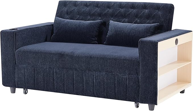 61.4 Pull-Out Sofa Bed Convertible Sleeper Sofa Bed with Adjustable Backrest Cup Holders Storage Rack Handy Side Pockets Two Lumbar Pillows Modern Loveseat Sofa for Living Room