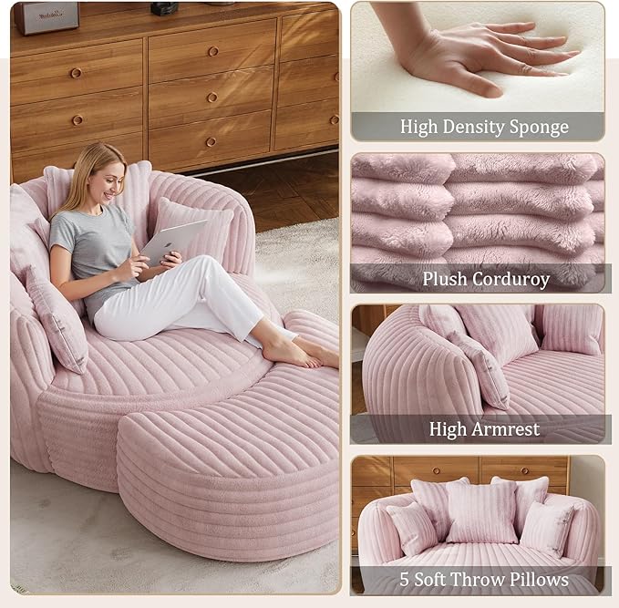 50 Oversized Chaise Lounge Indoor Round Reading Chair Lounge Chair with Ottoman Boneless Sofa Bed Large Fluffy Plush Corduroy Chaise Chair for Living Room Playroom Bedroom Pink