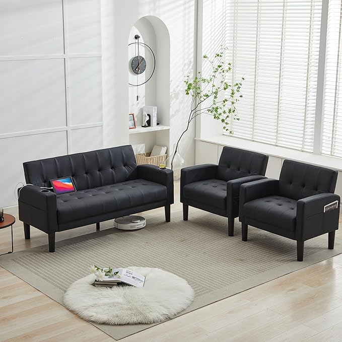 TYBOATLE Sofa Couch 62 W Loveseat w/ 2 USB Charger Ports &amp 2 Cupholders Mid-Century Modern Tufted Small Love Seat Couches for Office Living RoomBedroomApartmentDorm (3 Black)