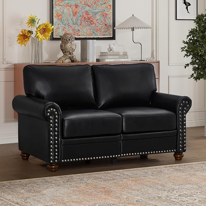 KEIKI 59.45 Chesterfield Sofa Retro Style Upholstered Faux Leather PU Couch with Storage Space Rolled Arm Nailhead for Living Room Bedroom Office Apartment Black