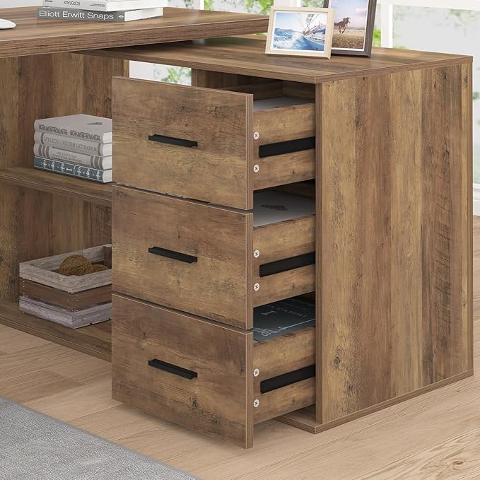HSH L Shaped Desk with Storage Drawers Shelves Large Corner Computer Table in Home Office Industrial Wood Desk for Executive Writing Work Study Rustic Oak 55 Inch
