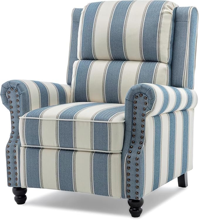 Wingback Recliner Chairs Set of 2 Upholstered Pushback Recliner Chair Comfy Fabric Armchair Push Back Recliner with Wood Legs Rivet Trim Accent Chair for Living Room Bedroom Navy Stripe