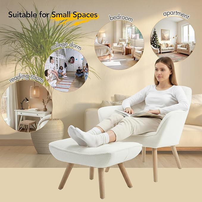 Small Accent Chair with Ottoman Sherpa Upholstered Lounge Chair with Footrest Comfy Reading Armchair with Wood Legs for Living Room Bedroom White