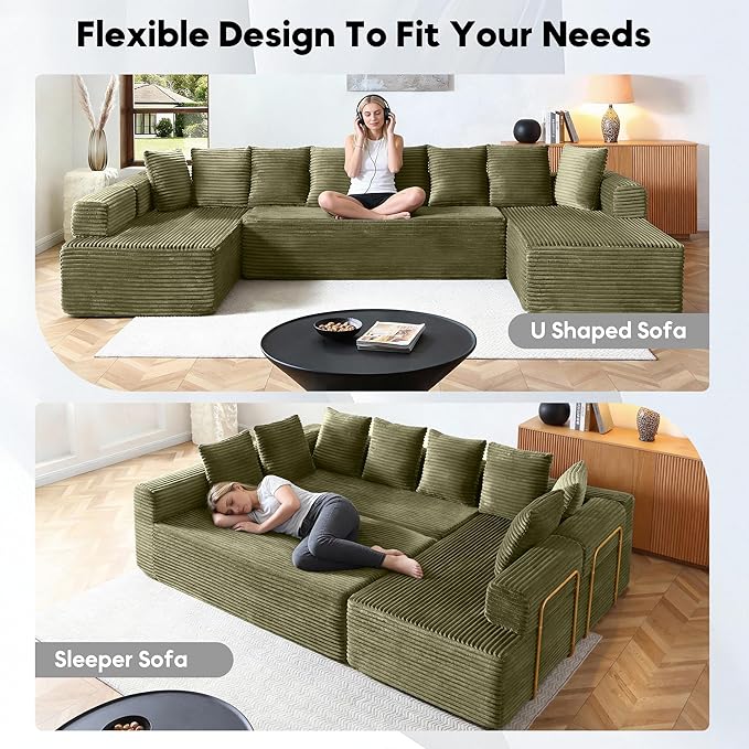 Oversized Cloud Boneless Couch with Chaise 145 Modern U Shape Modular Deep Seat Sectional Sofa Comfy Corduroy Upholstered Couches for Living Room No Assembly Required Green