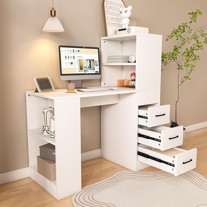 Modern Computer Desk for Home Office Spacious 55 Writing Desk with 4-in-1 Power Outlet 3 Smooth Slide Drawers &amp 4-Tier Storage Shelf for Laptop PC &amp Office Essentials (White)