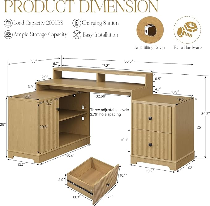 67 L Shaped Executive Desk with Drawers &amp Storage Shelf Corner Computer Desk with Power Outlets Home Office Desk with Monitor Stand Printer Shelf Computer Writing Desk for Work Oak