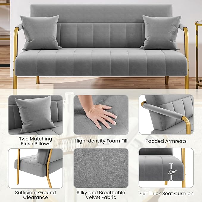 Yaheetech 56.5 W Modern Sofa Small Sofa Luxurious Velvet Fabric Couch with Gold-Tone Metal Arms and Legs for Living Room Home Office Studio Light Gray