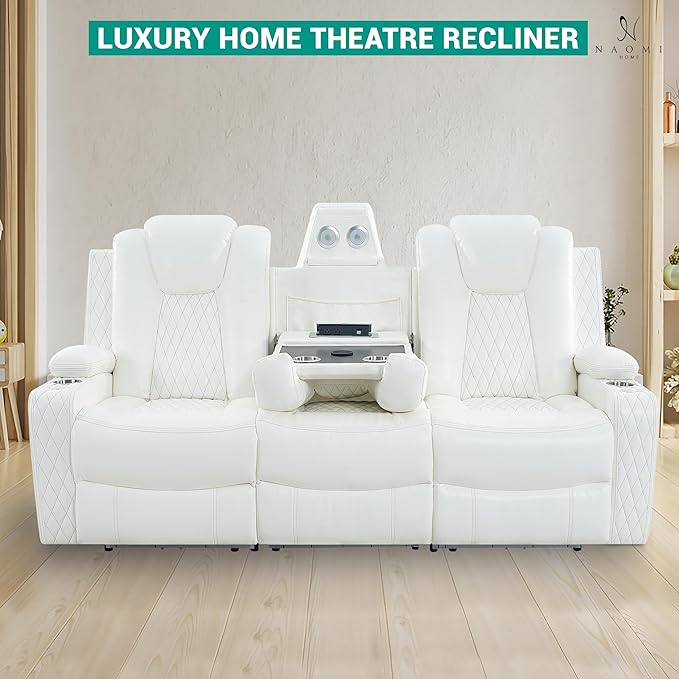 Chicago Home Theater Recliner Chair – Bluetooth Speakers Wireless Charging Power Recline Adjustable Headrest LED Lighting Cup Holders &amp Premium Faux Leather for Ultimate Comfort