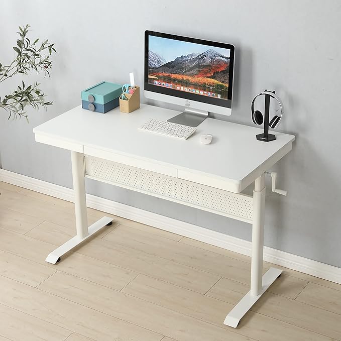 Generic (White Tabletop) 48 x 24 InchesStanding Desk with Metal Drawer Adjustable Height Stand up Desk Sit Stand Home Office Desk Ergonomic Workstation