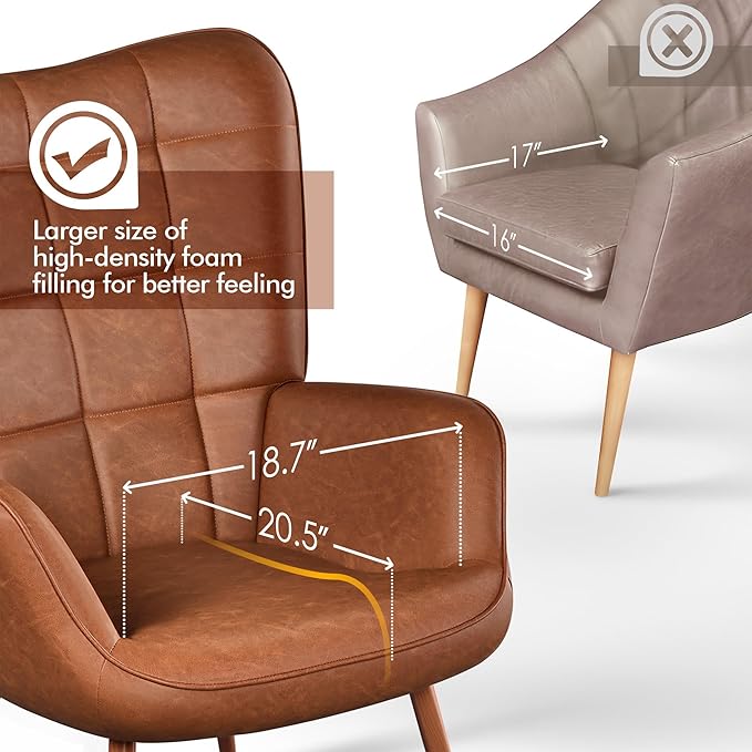 Yaheetech Accent Chairs Large PU Leather High-Back Chair w/Metal Legs Pottery Barn Style Living Room Chairs for Bedroom/Home Office Brown Set of 2
