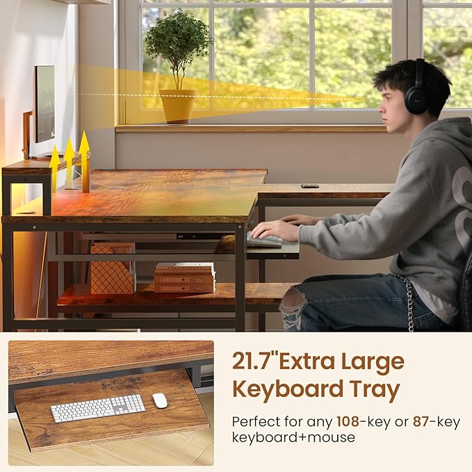 SEDETA 94.5 Home Office Desks Computer Gaming Desk with Storage LED Lights Power Strip with USB Keyboard Tray &amp Monitor Stand Extra Long Double Desk for 2 Person Rustic Brown