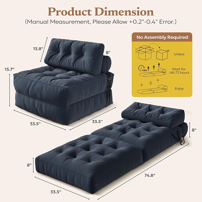 Folding Sofa Bed Foldable Mattress Sleeper Chair with Pillow Convertible Comfy Foam Couch Bed FSmall Floor Sofa Lounge for Living Room Bedroom Apartment Small Space Blue