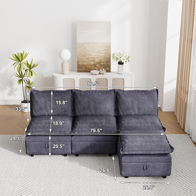 Modular Sectional Sofa 90.5 Cloud Sectional Couch with Deep Seat Modern Comfy L Shaped Couch with Chaise Boneless Couches for Living Room Bedroom No Assembly Required Dark Gray