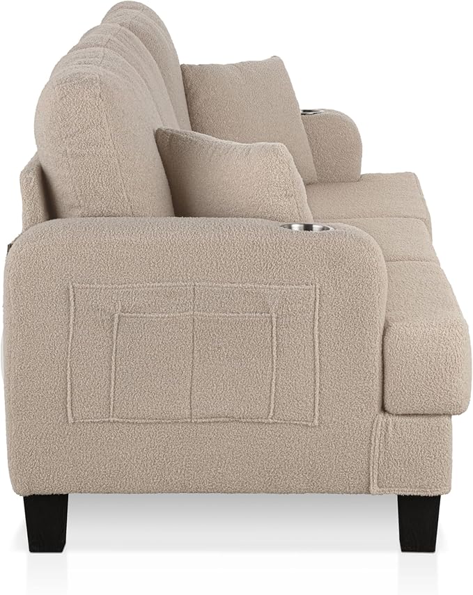 Homes: Inside + Out Reese Modern Plush Boucle Couch with Side Pockets Cup Holders and USB Ports Wooden Comfortable Sofa for Living Room Bedroom and Office Beige