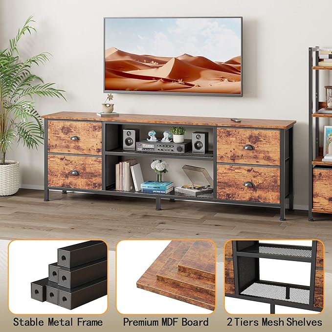 Furologee TV Stand Dresser with 4 Drawers 63 Inch Entertainment Center with Open Shelves Media Console Table for 6570 Inch TV Television Stand for Bedroom Living RoomRustic Brown