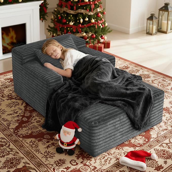 45'' Chaise Lounge Chair Indoor Corduroy Upholstered Boneless Sofa Bed Deep Seat Sleeper Couch Reading Chairs Small Comfy Cloud Sofas Couches for Living Room Bedroom Movie Room (Dark Grey)