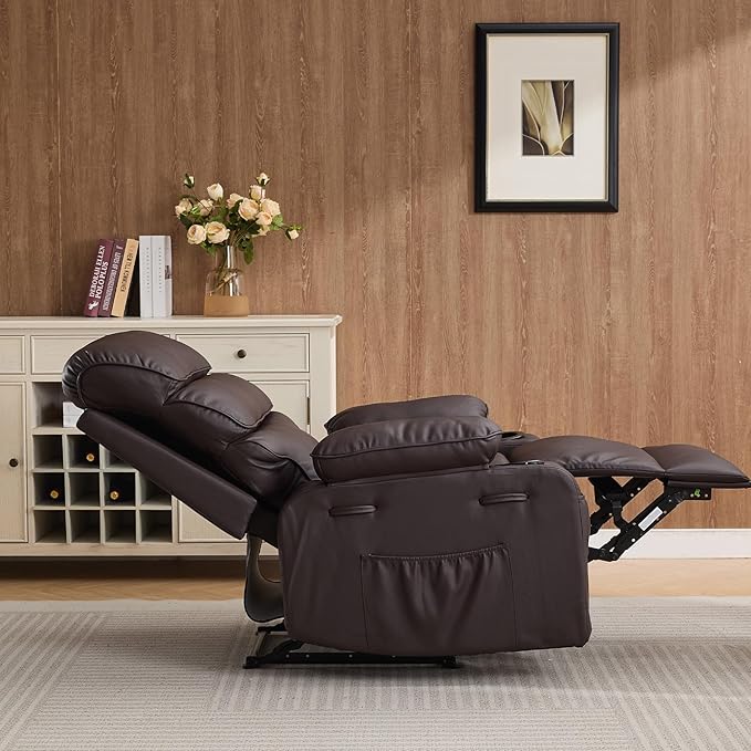 PU Leather Extra Wide Manual Recliner Chair for Adults with Massage &amp Heat Oversized Lazy Recliner with 1.5X Thick Sponge Comfort for Living Room BedroomCoffee