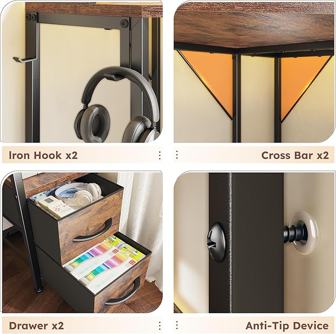 Corner Desk 35.4 W x 63 H Office Desk and Small Gaming Desk with Hutch &amp LED Lights Computer Desk with Drawers for Storage &amp Shelves and Hook for Small Space Rustic Brown