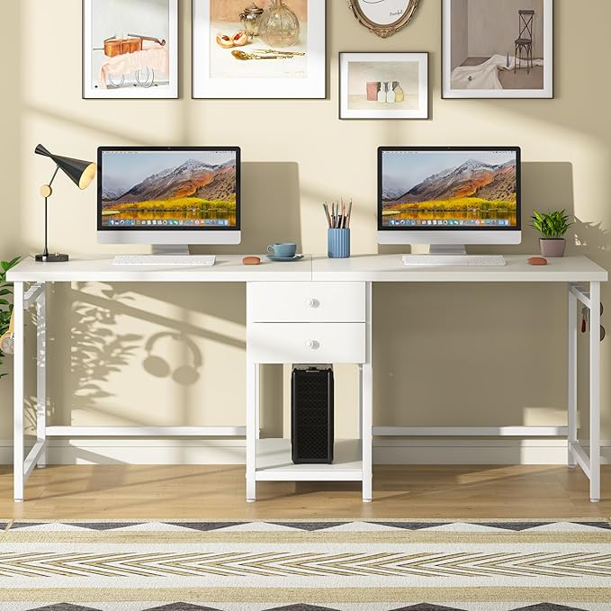 Tribesigns 79 Inch Extra Long Double Desk with 2 Drawers Two Person Computer Desk with Storage Shelves Writing Table Study Desk for Home Office White