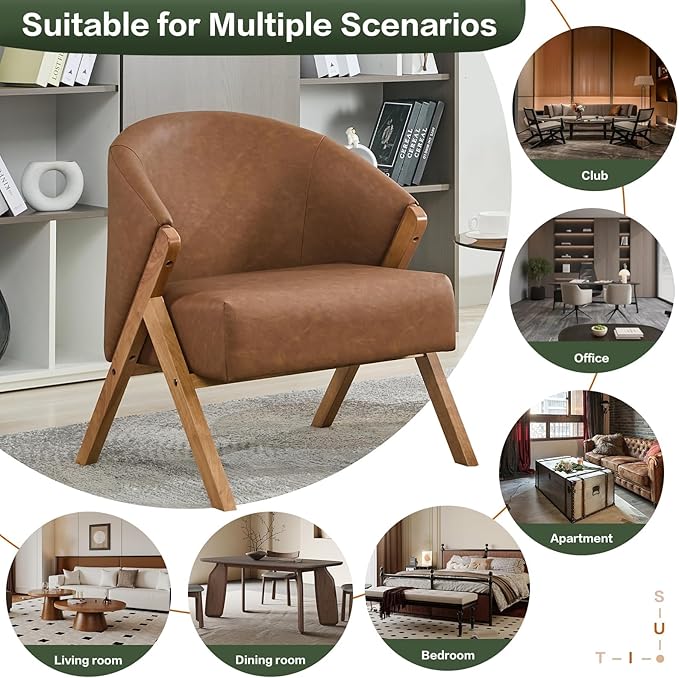 TrailBlaze Comfortable Mid-Century Modern Accent Chair for Living Room – Upholstered Reading Armchair with Sturdy Wood Frame PU Leather Easy Assembly – Shallow Walnut Foot | PU | Brown