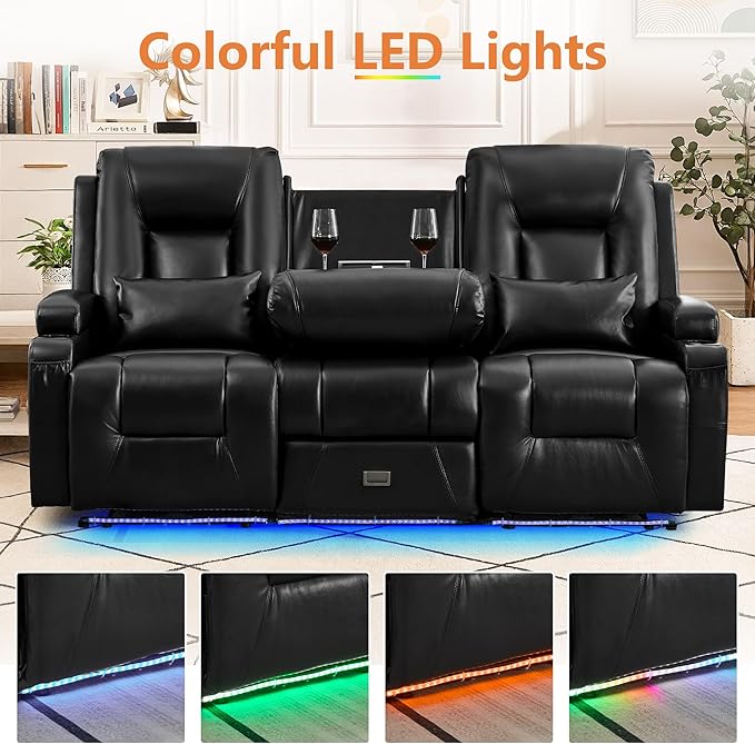 Houjud Wall Hugger Power Recliner Sofa 3-Seater RV Couch Reclining Sofa with LED Lights USB Ports Cup Holders Side Pockets Outlets Drawer for Living Room and Home Theater PU Leather Black