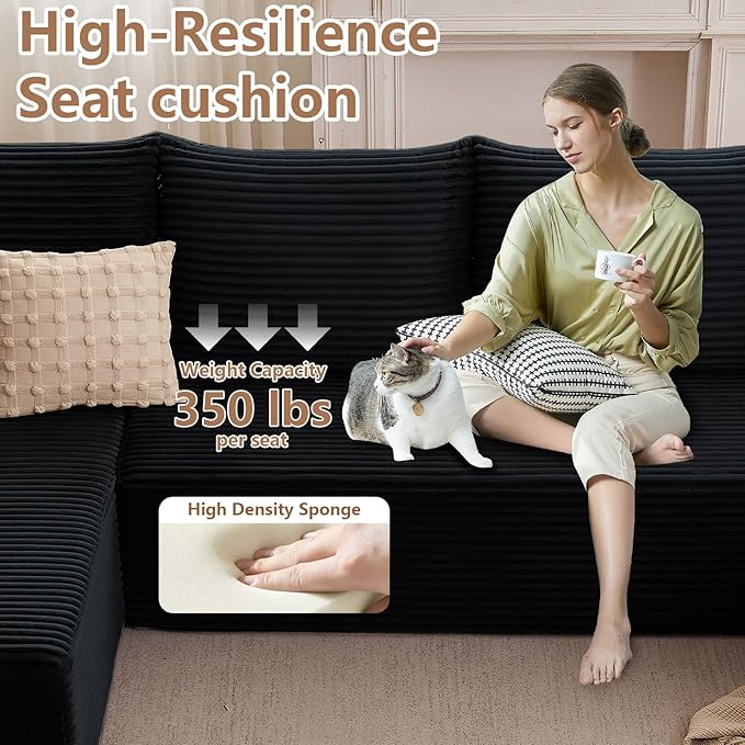 Cloud Modular Sectional Sofa for Living Room167x69.7 W Oversized L-Shaped Couch with 7 PillowsBig Comfy Couches SetFluffy Deep-Seat Corduroy Sofa with ChaiseNo Assembly (BlackLeft-Facing Chaise)