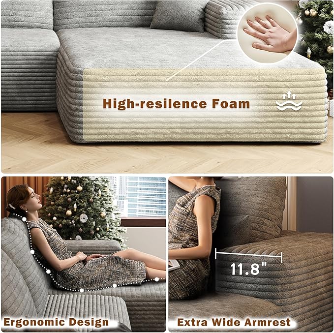 108 Corduroy Sectional Boneless Cloud Couch with Chaise No Assembly Required L Shaped Modular Sectional Sofa Oversized Cozy Fluffy Sofa for Living Room (Grey Right Facing Chaise+Ottoman) | Compre