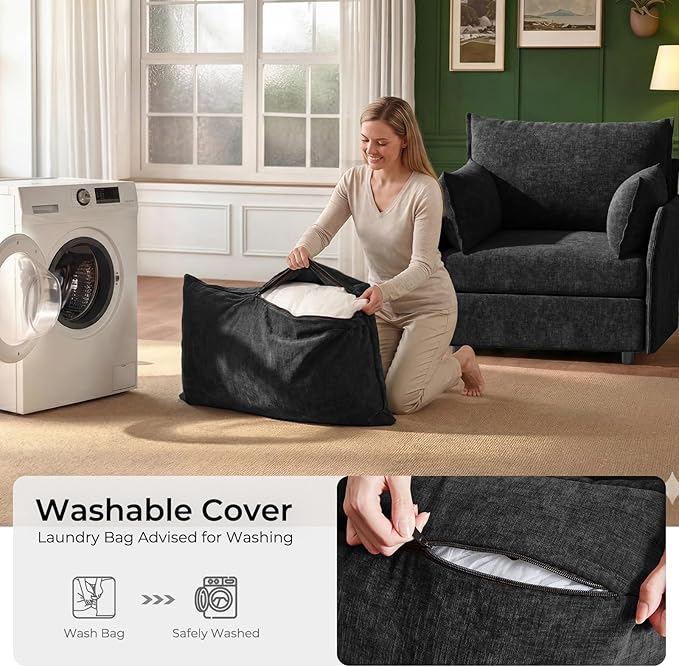 ABCASA Black Oversized Accent Chair with Removable &amp Washable Chenille Cover Modern Mid-Century Upholstered Armchair Deep Seat Comfy Reading Chair for Living Room Pet &amp Kid FriendlySet of